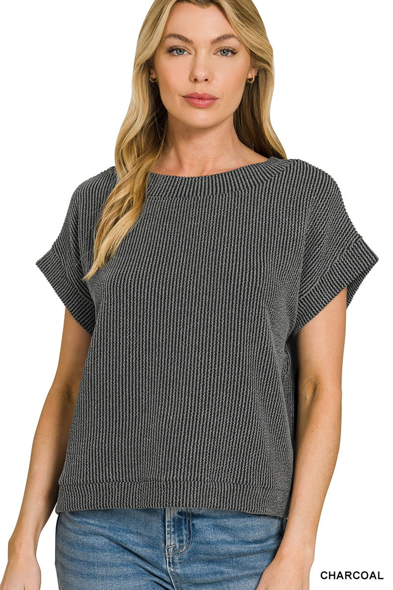 CHARCOAL Raised rib knit boxy top with short sleeves