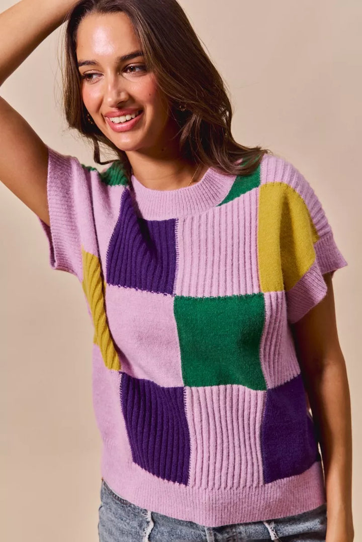 Checkerboard color-block short sleeve sweater top
