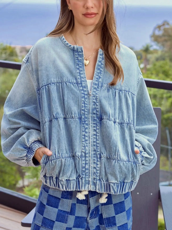 Medium Washed denim zip-up jacket with drawstring hem