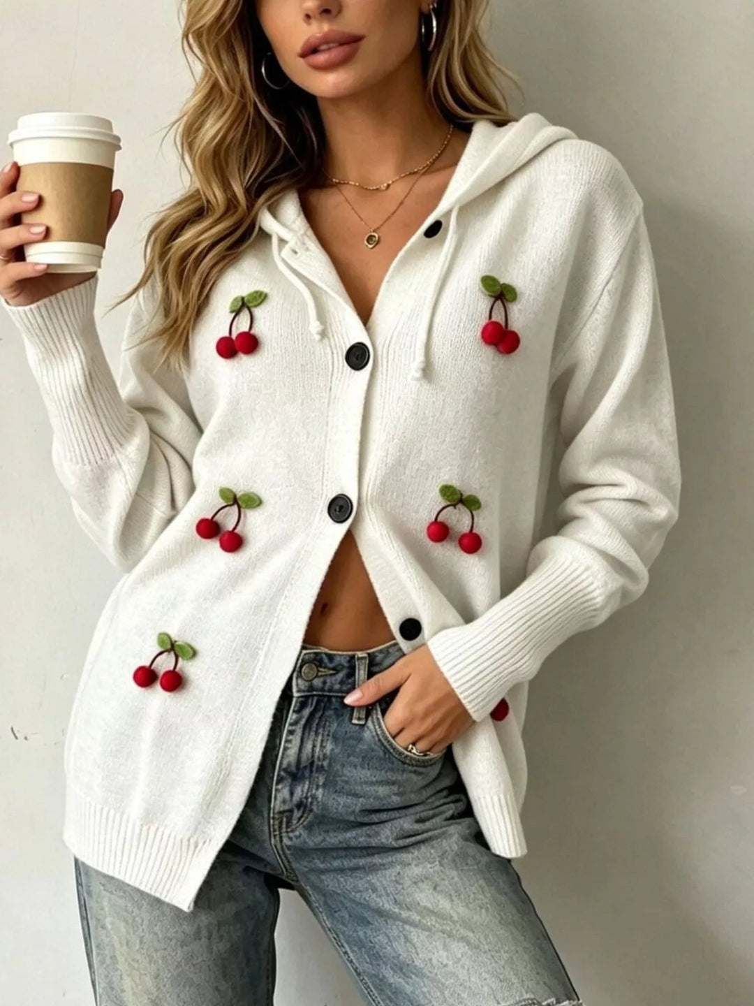 White 3D cherry applique button-front hooded cardigan