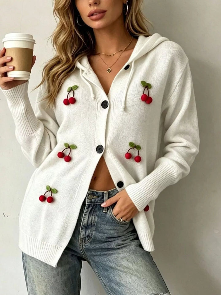 White 3D cherry applique button-front hooded cardigan
