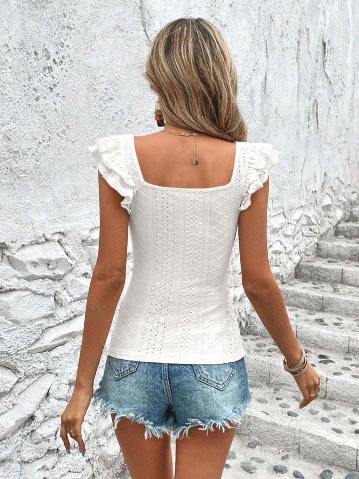 Square neck eyelet top with ruffle cap sleeves
