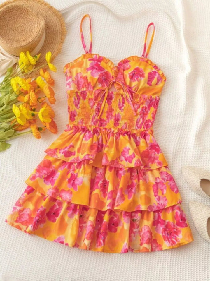 Floral print cutout mini dress with tiered ruffle skirt