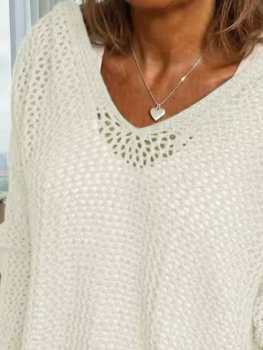 Openwork knit hooded pullover cover-up with V-neck