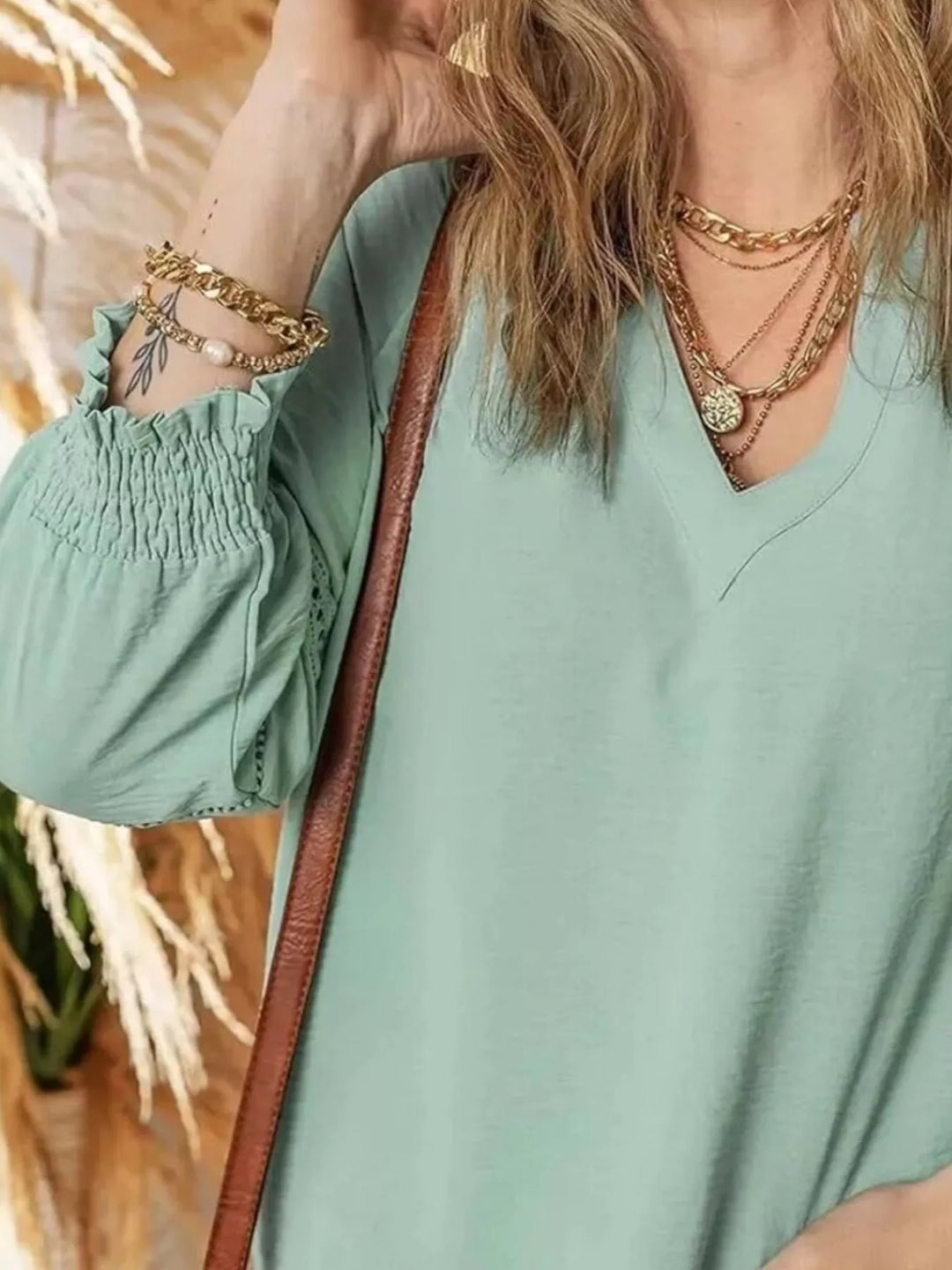 Openwork lace trim blouse with smocked cuffs and split neck