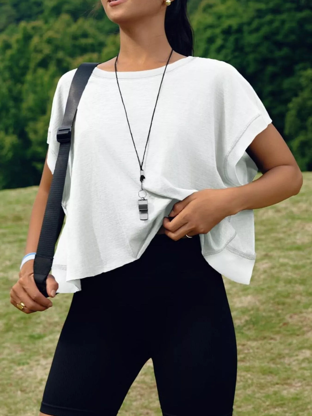 White Cutout back boxy crew neck tee with exposed seams
