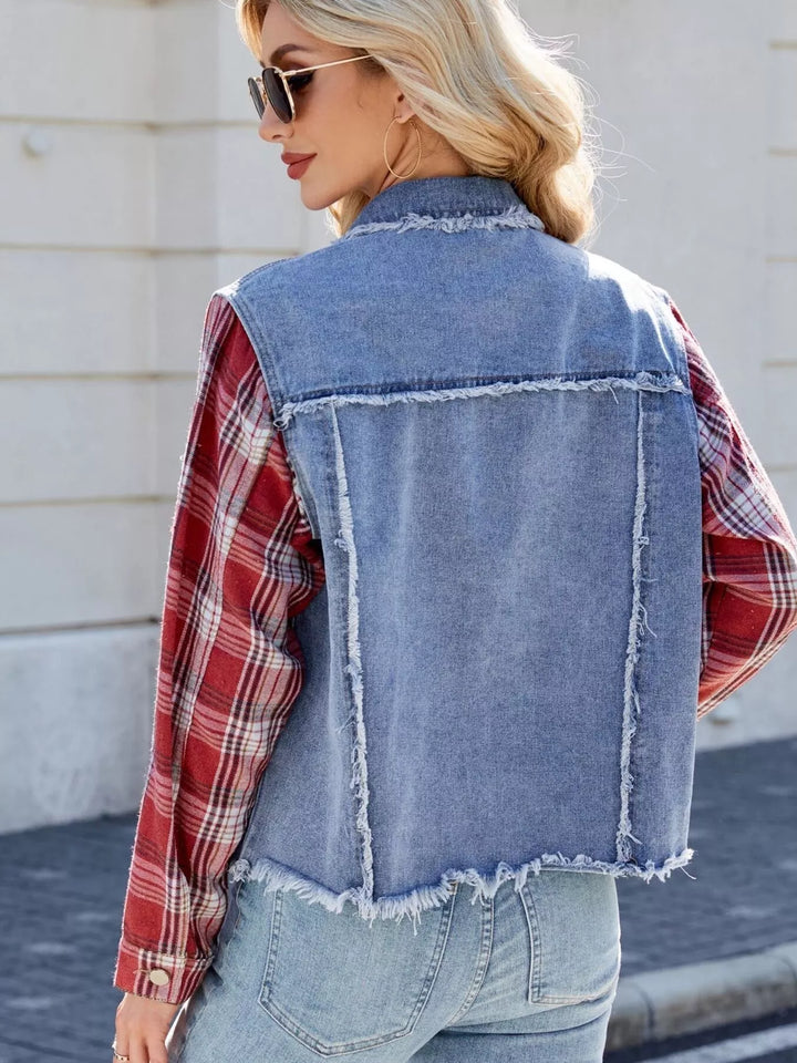 Raw hem denim jacket with plaid contrast sleeves