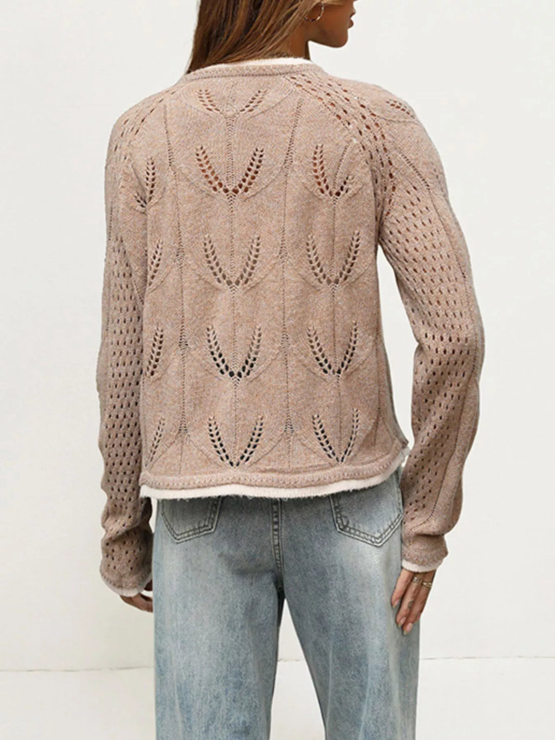 Pointelle openwork knit button-down cardigan