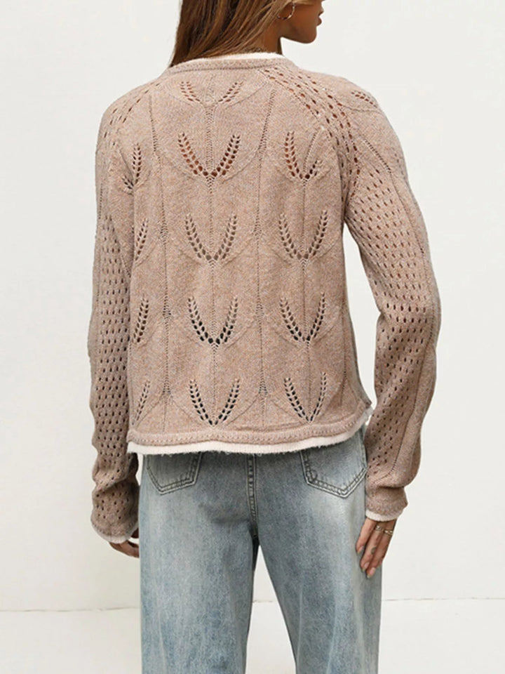 Pointelle openwork knit button-down cardigan