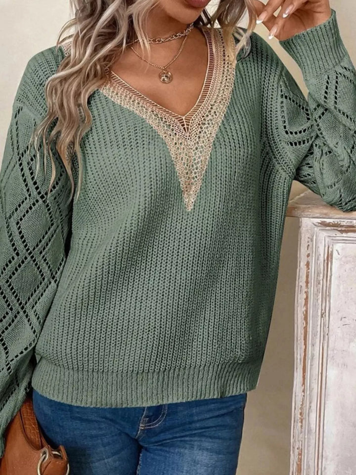 Openwork knit sweater with lace V-neck and diamond sleeves
