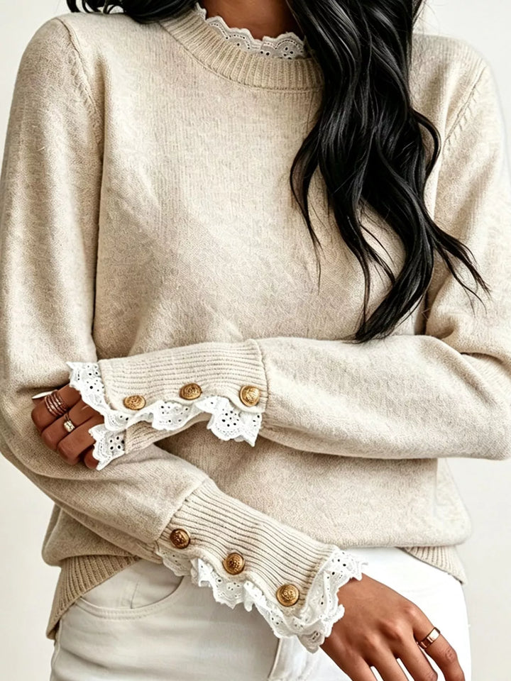 Lace trim crew neck sweater with buttoned ribbed cuffs