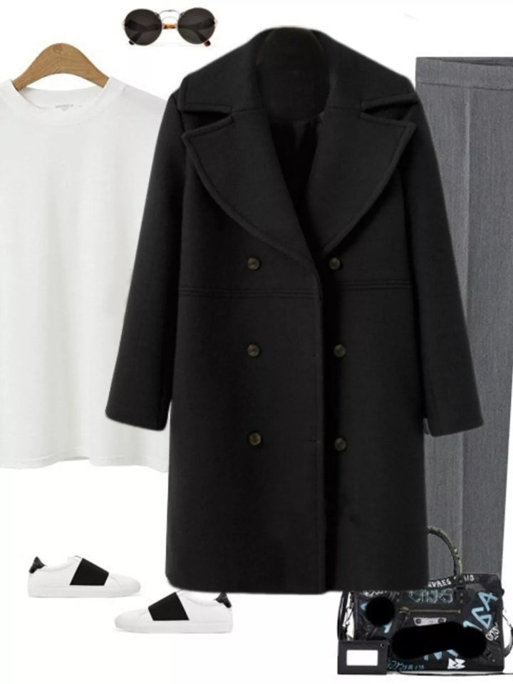 Double-breasted longline coat with notched lapel collar