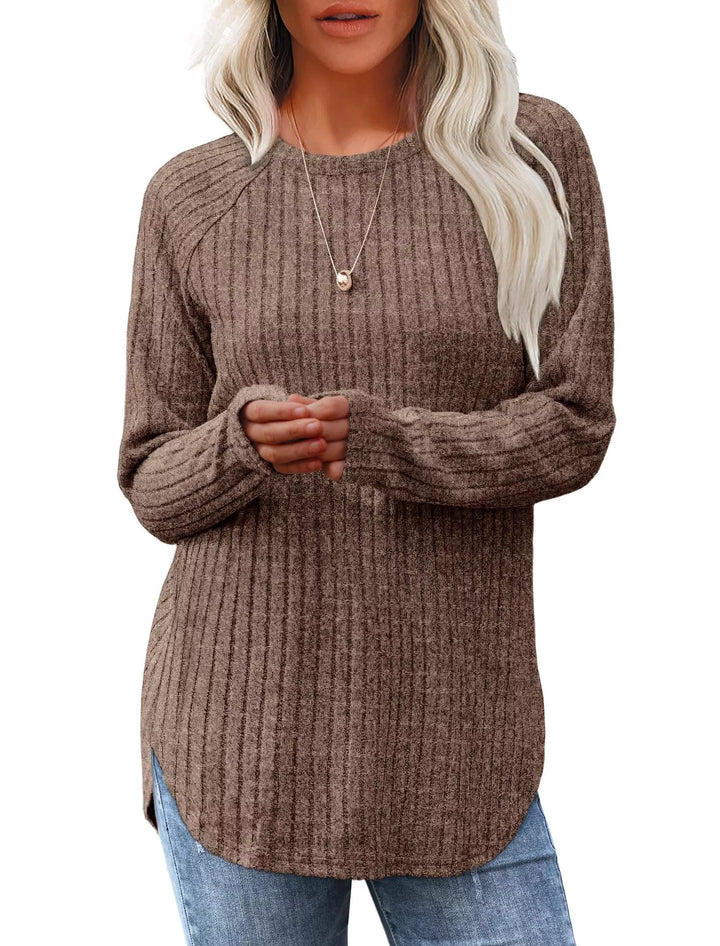 Khaki Ribbed knit crew neck long sleeve top with curved hem