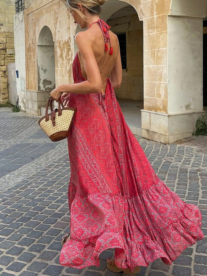 Paisley tiered halter maxi dress with open back