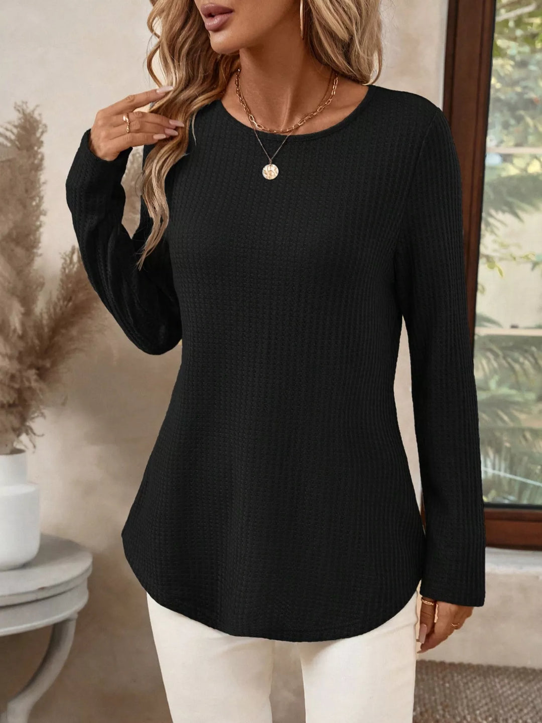 Black Waffle knit crew neck long sleeve top with curved hem