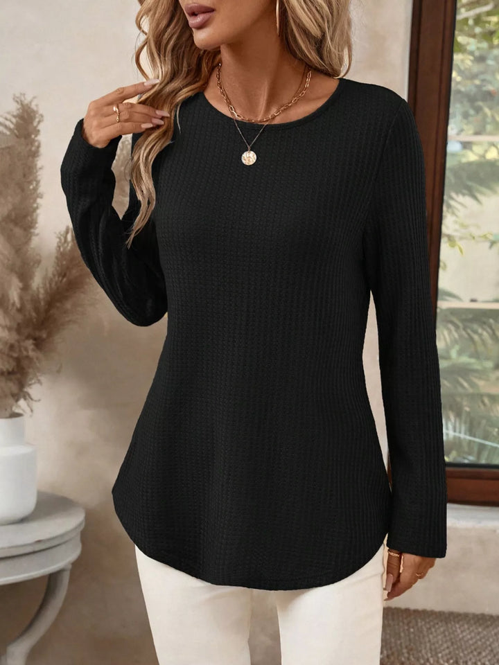 Black Waffle knit crew neck long sleeve top with curved hem