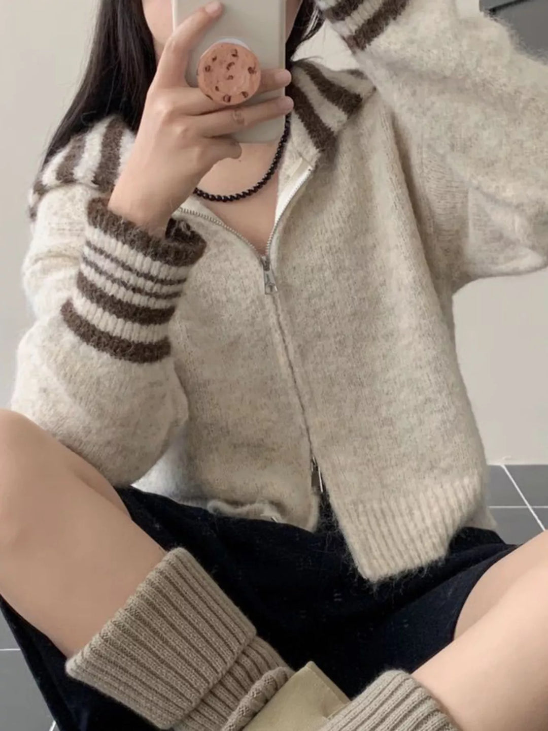Striped trim zip-up knit cardigan with collar