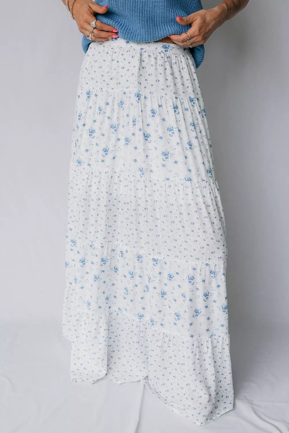 High-waist tiered floral boho maxi skirt
