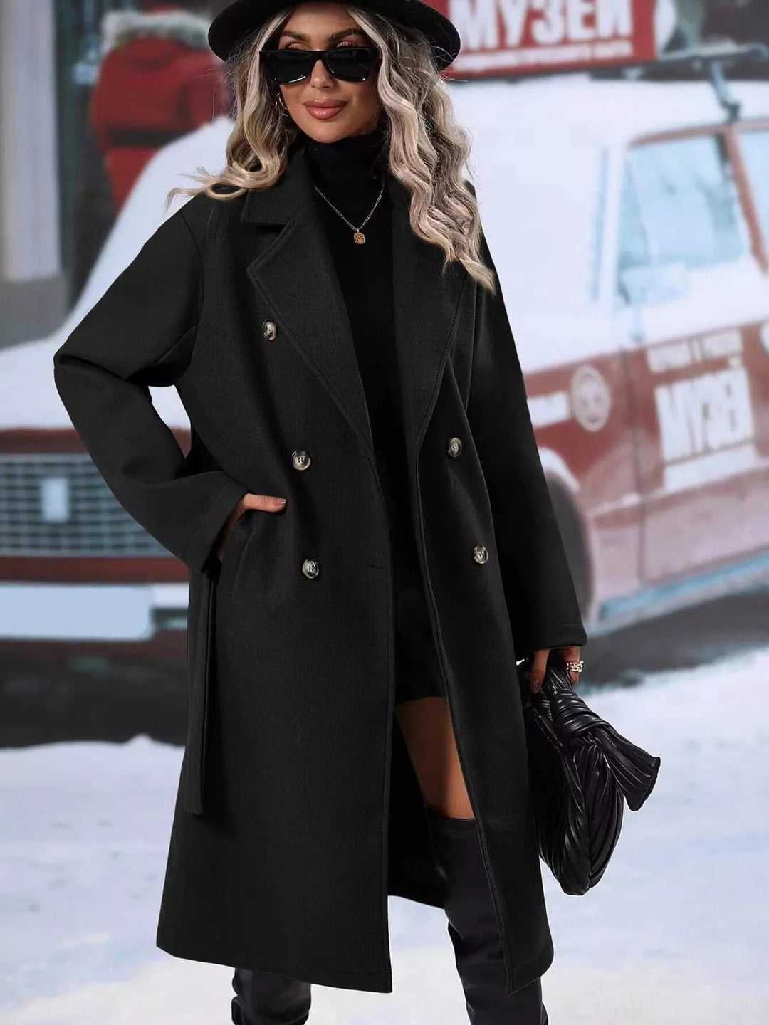Double-breasted belted longline overcoat with lapel collar
