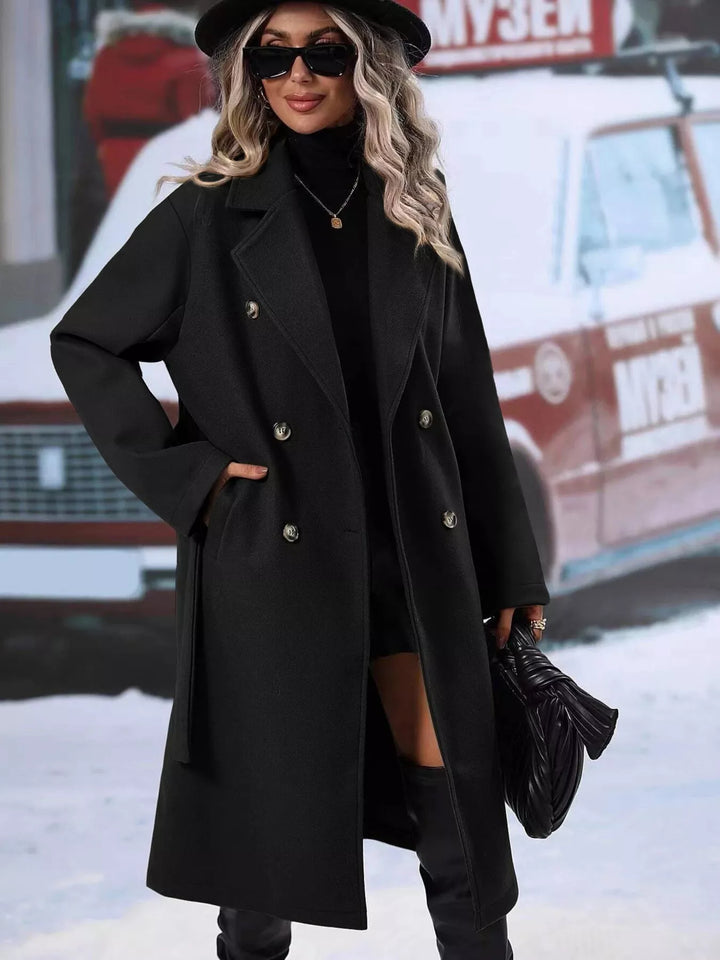 Double-breasted belted longline overcoat with lapel collar