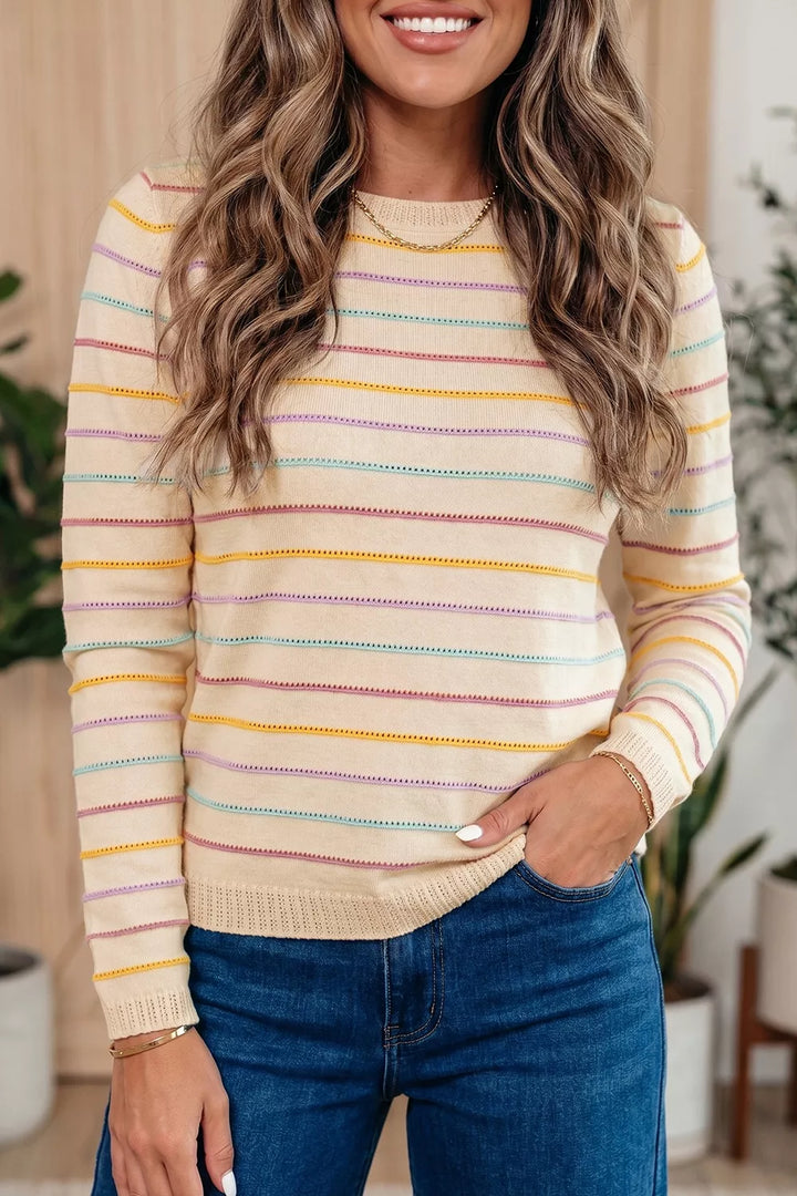 Multicolor stripe crew neck pullover sweater