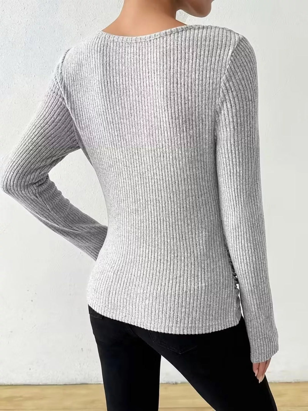Ribbed knit cowl neck top with ruched sides