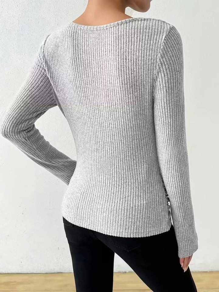 Ribbed knit cowl neck top with ruched sides
