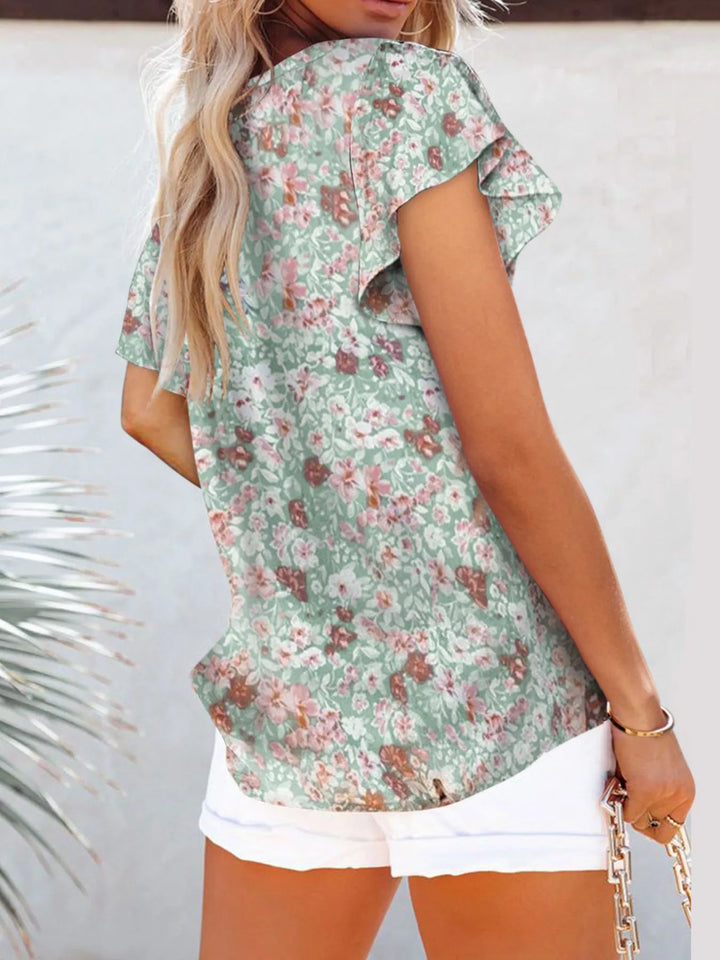 Floral print flutter sleeve V-neck blouse