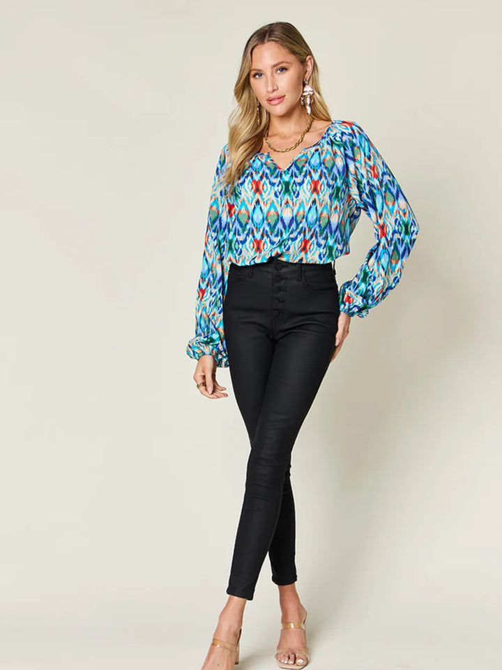 Abstract print balloon sleeve blouse with split neck