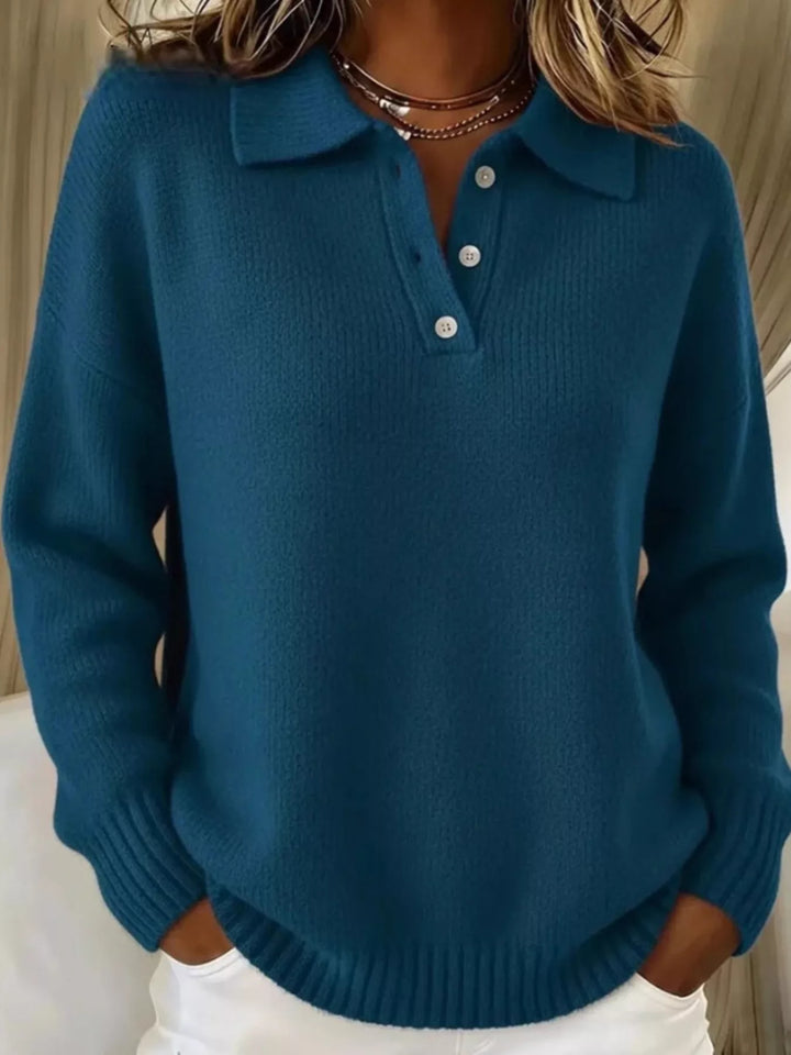 Navy Blue Dropped shoulder polo collar button knit sweater
