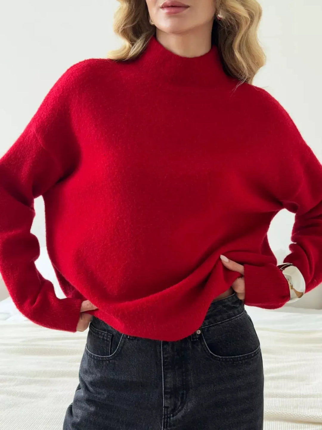 Ribbed mock neck dropped shoulder knit sweater