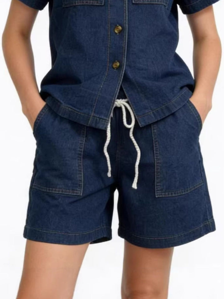 Short sleeve denim shirt and drawstring shorts set