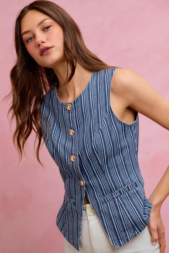 Striped denim button-front vest top with gold buttons