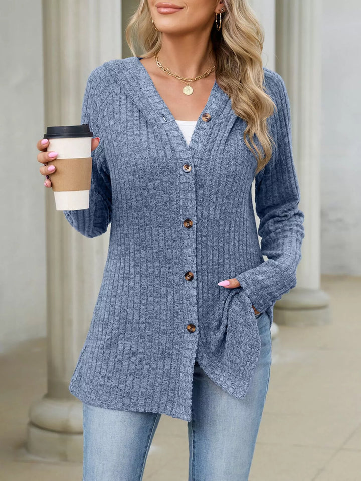 Ribbed knit hooded cardigan with tortoise buttons