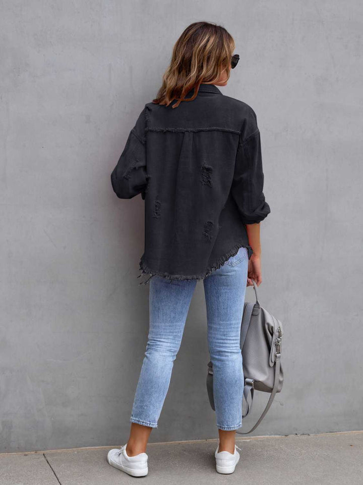 Distressed drop shoulder denim jacket with fringe hem
