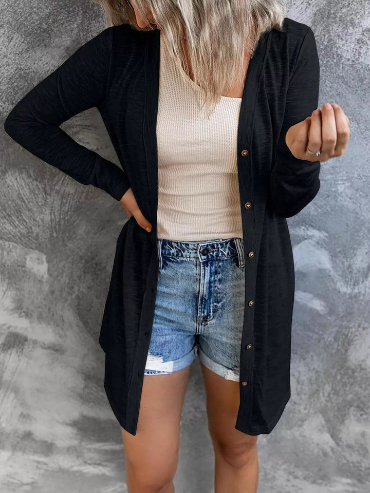 Black Lightweight button-front longline open knit cardigan