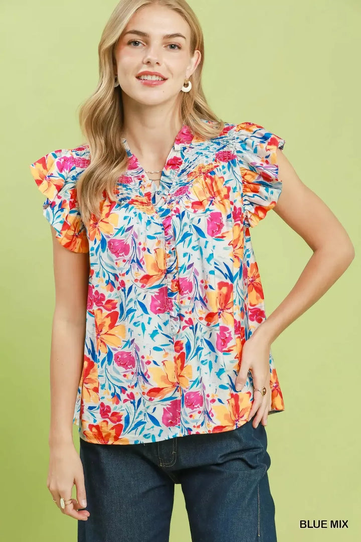 BLUE MIX Smocked yoke floral blouse with flutter ruffle sleeves