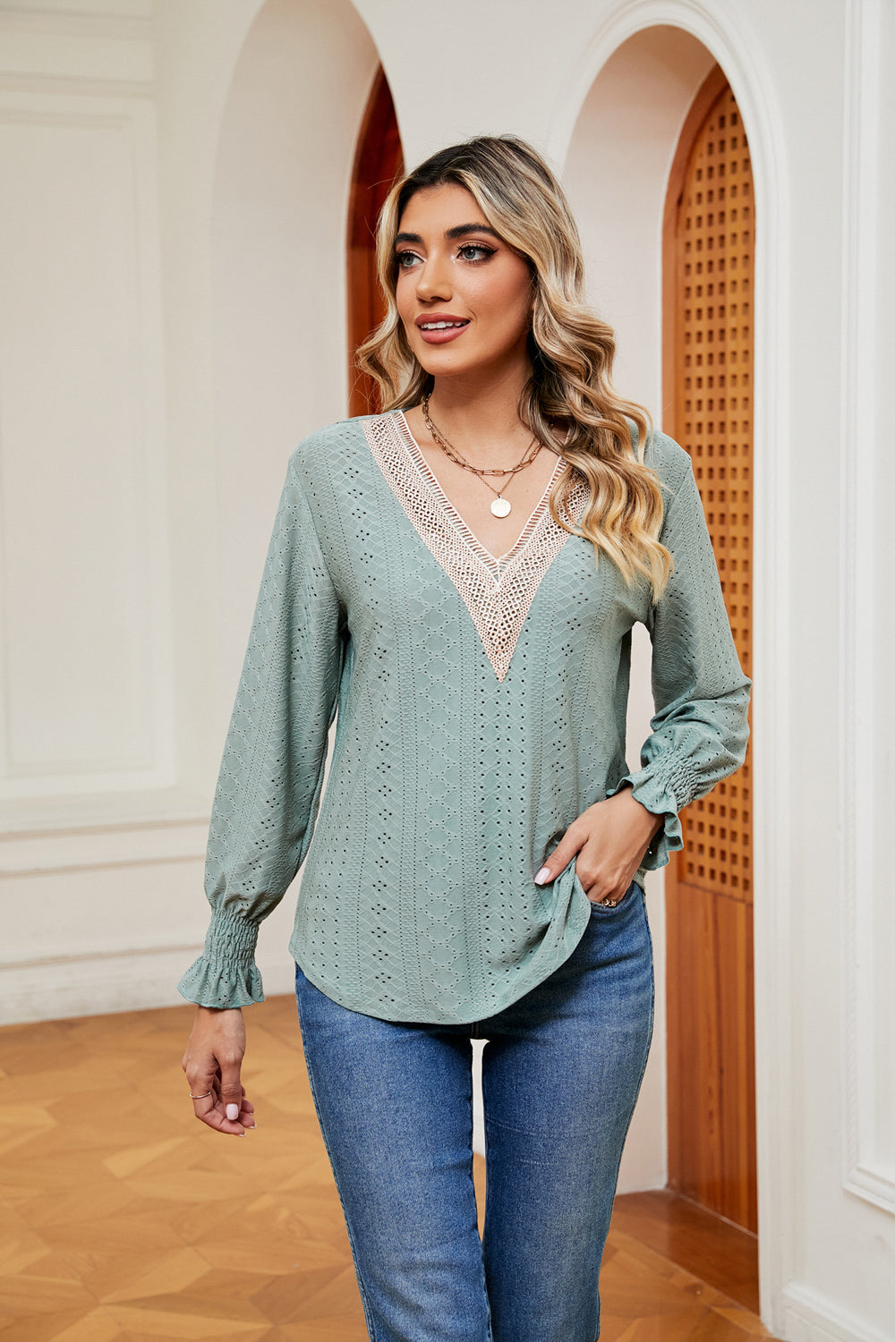 Gum Leaf Contrast crochet V-neck eyelet blouse with flounce cuffs