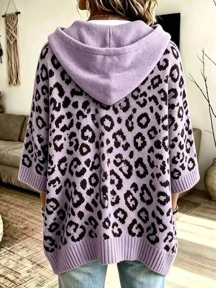 Leopard print drawstring hooded sweater with dolman sleeves