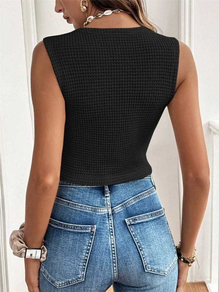 Waffle-knit sleeveless button-front vest top