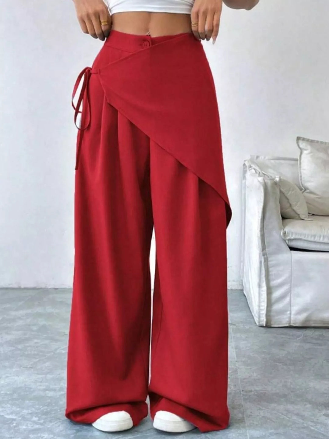 High-rise wrap-front wide-leg pants with drawstring tie