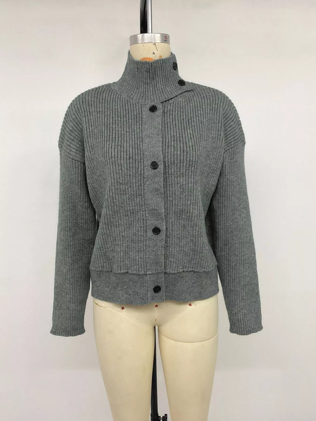 Ribbed knit mock neck button-front cardigan