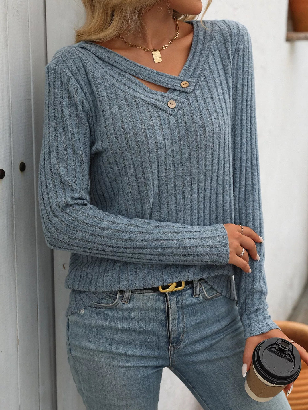 Dusty Blue Ribbed knit long sleeve top with asymmetric button neckline