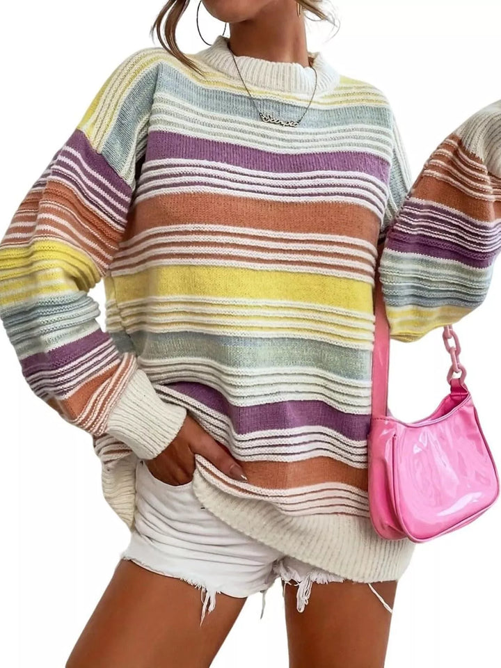 Striped mock neck relaxed knit pullover sweater
