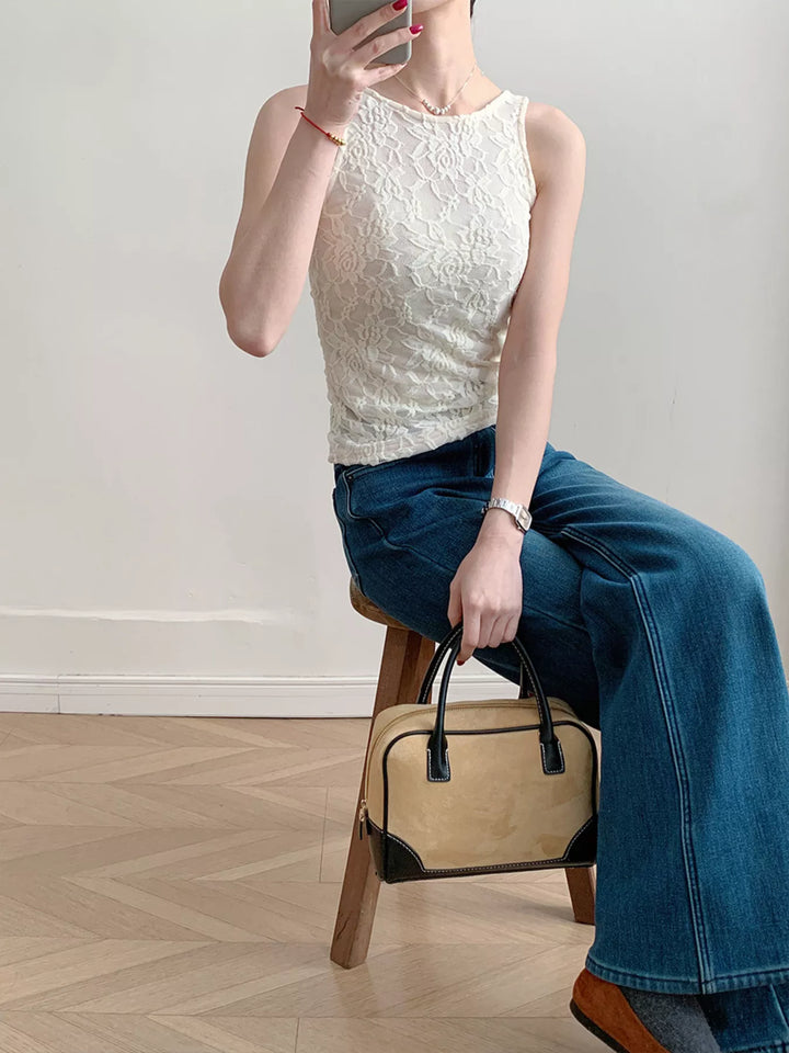 Sheer floral lace round neck long sleeve top