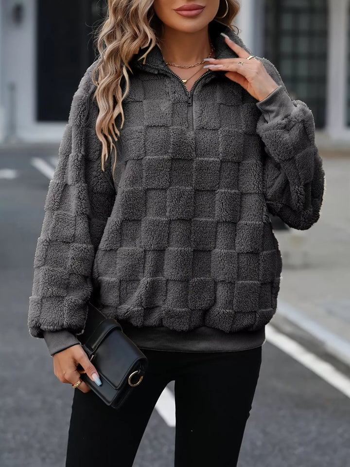 Checkered sherpa fleece quarter zip pullover with pockets