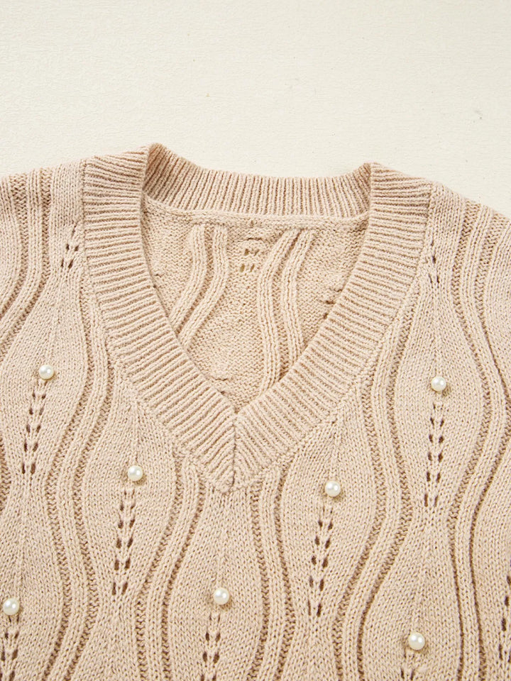 Pearl-embellished pointelle knit V-neck sweater with lace cuffs