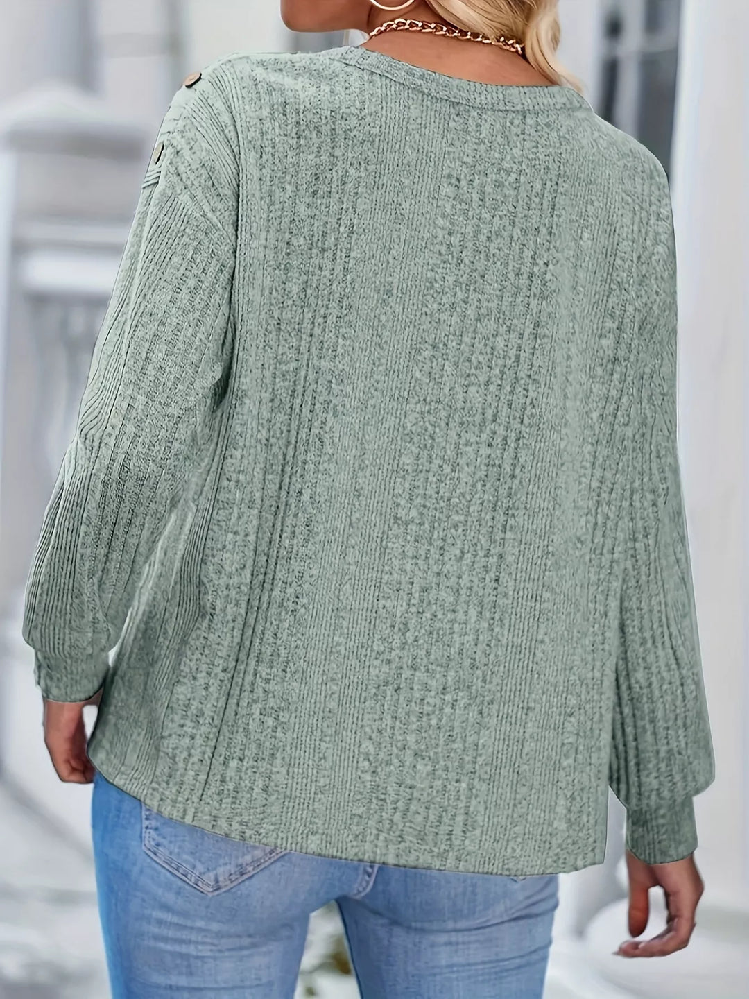 Ribbed knit boat neck top with shoulder buttons