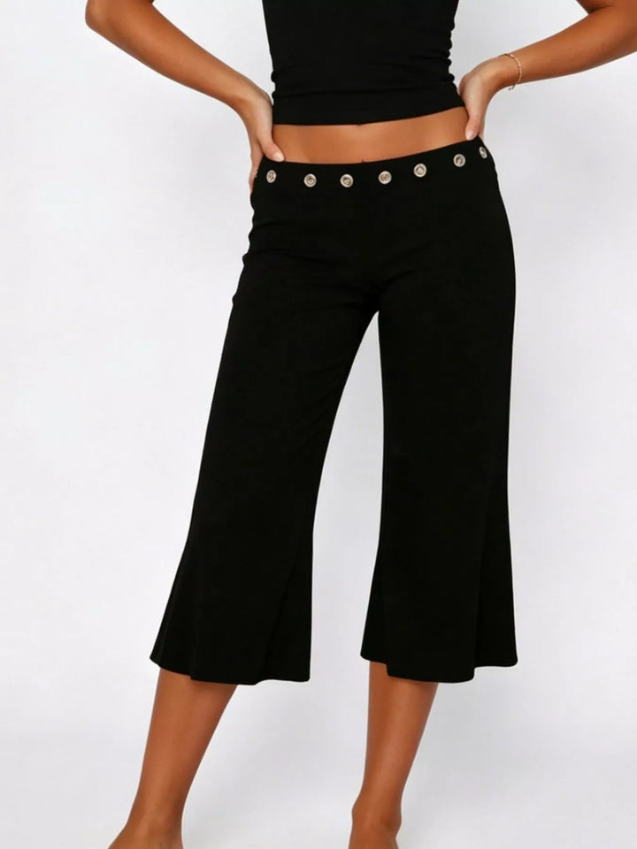 Black Mid-rise wide-leg capri pants with gold-button waistband