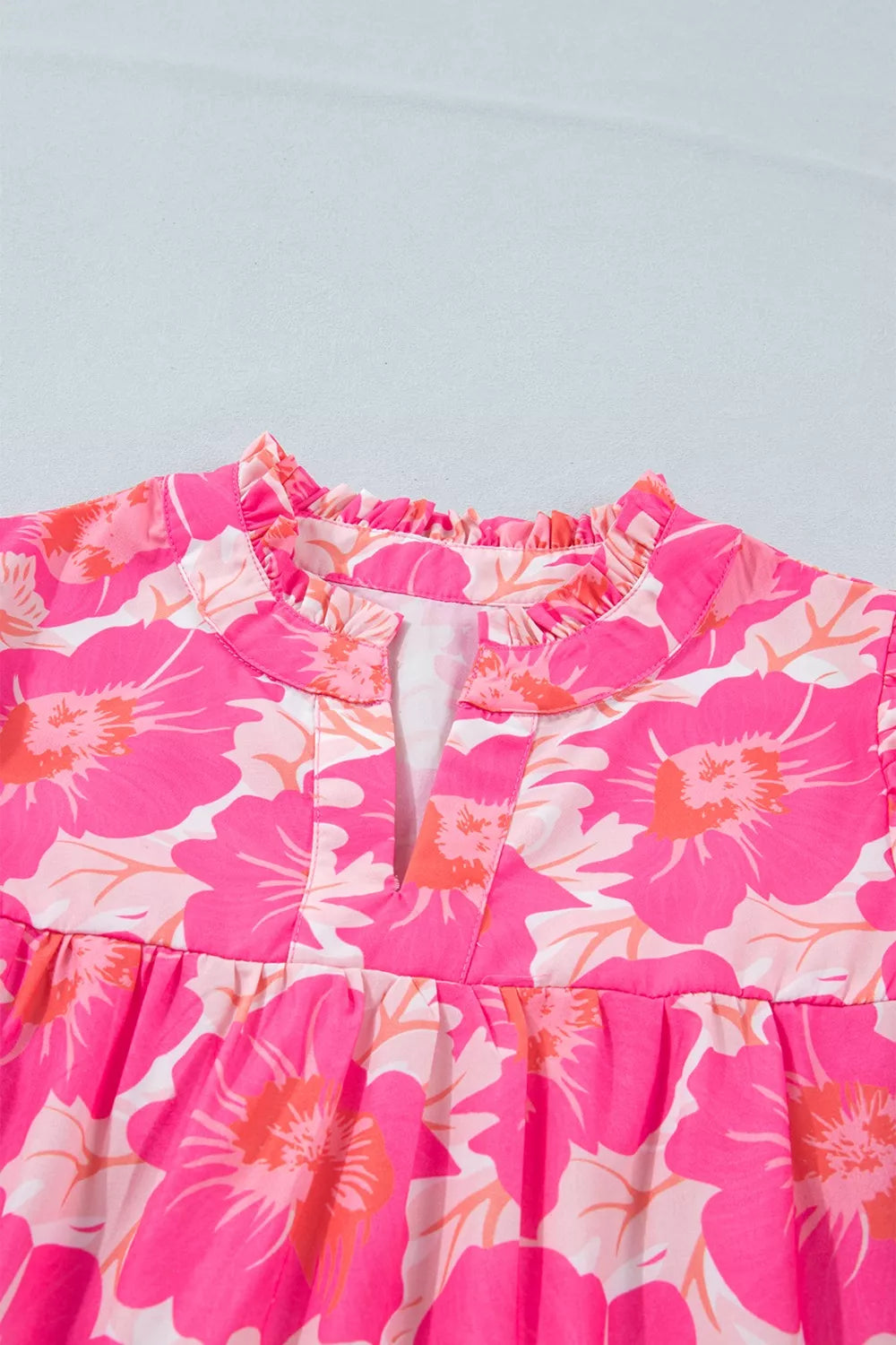 Floral bubble sleeve babydoll blouse with ruffle neckline